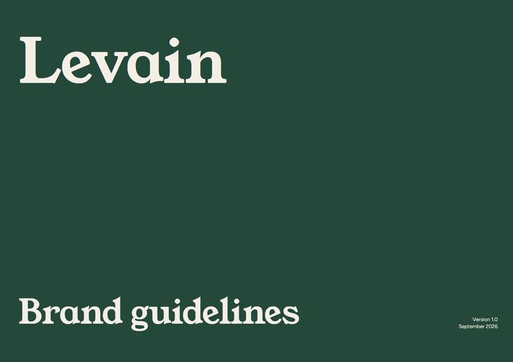 Levain brand guidelines, cover in forest green with a serif wordmark