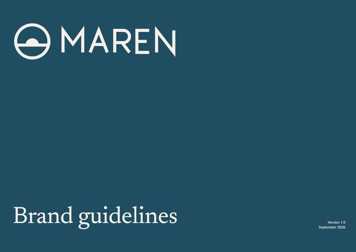 Maren brand guidelines, cover in sea blue with a ring logo